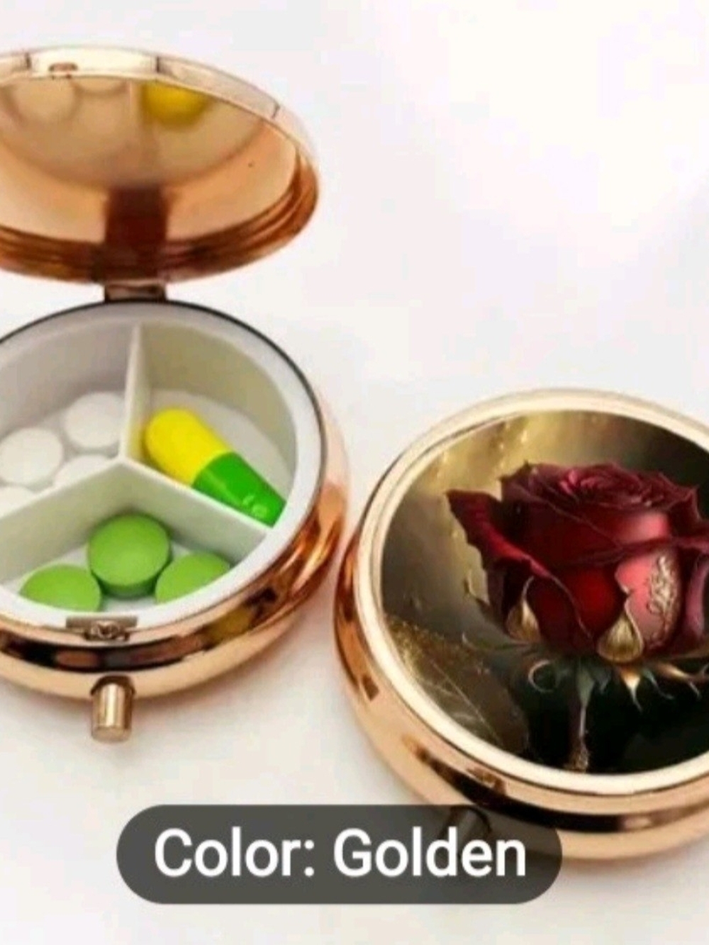 Elegant Rose Gold Case W/Red Rose Personal Pill Box W/3 Compartments & Mirror. - Picture 4 of 8